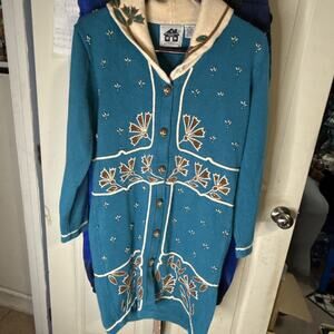 Storybook Knits Embroidered Cardigan Sweater Teal Size M Vintage Ottoman Flowers